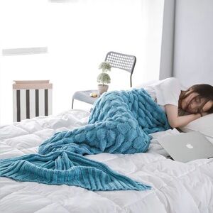 Knit Mermaid Tail Blue Purple Crochet Blanket Gift Fairy Whimsical Holiday